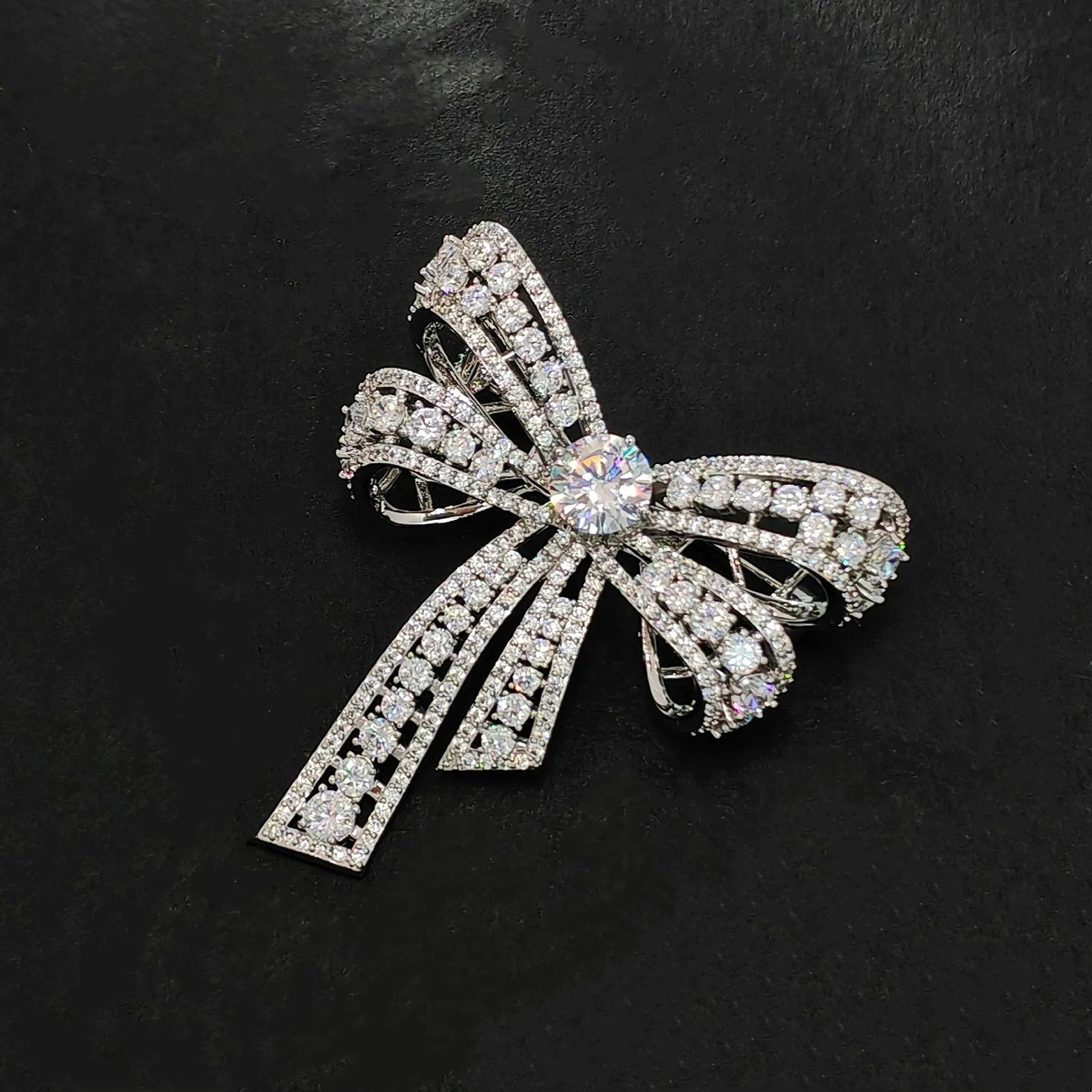 Jewelblings Victorian Vintage Silvertone Open Round Stone Domed 4-prong Studded Clear CZ Bow Brooch Bowtie Pins Chic European Bridal Jewelry