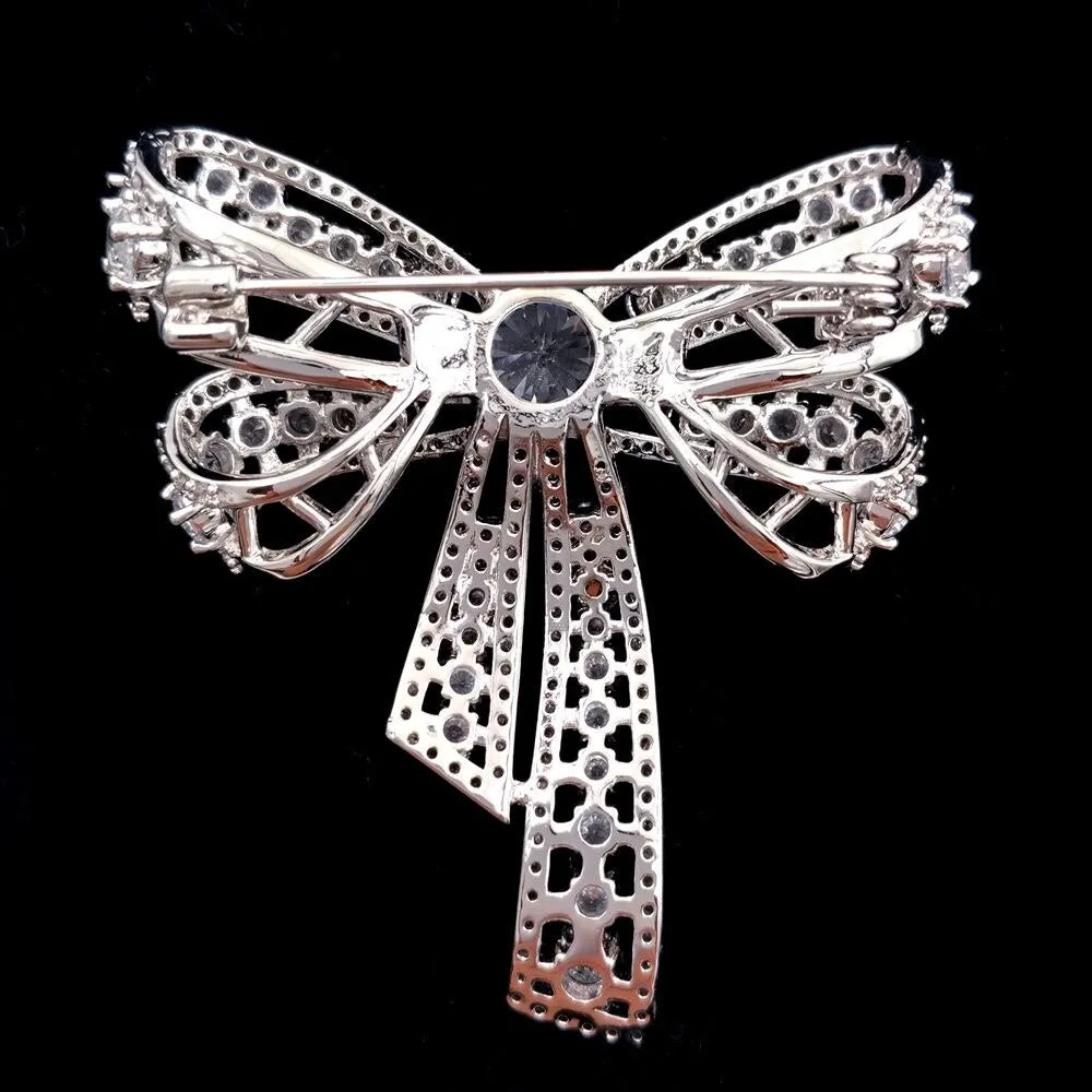 Jewelblings Victorian Vintage Silvertone Open Round Stone Domed 4-prong Studded Clear CZ Bow Brooch Bowtie Pins Chic European Bridal Jewelry