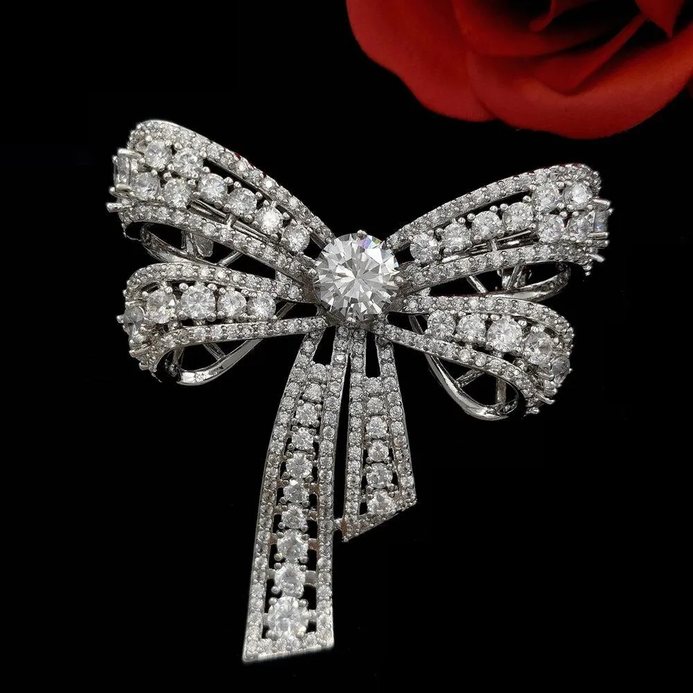 Jewelblings Victorian Vintage Silvertone Open Round Stone Domed 4-prong Studded Clear CZ Bow Brooch Bowtie Pins Chic European Bridal Jewelry