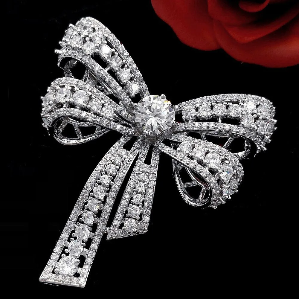 Jewelblings Victorian Vintage Silvertone Open Round Stone Domed 4-prong Studded Clear CZ Bow Brooch Bowtie Pins Chic European Bridal Jewelry
