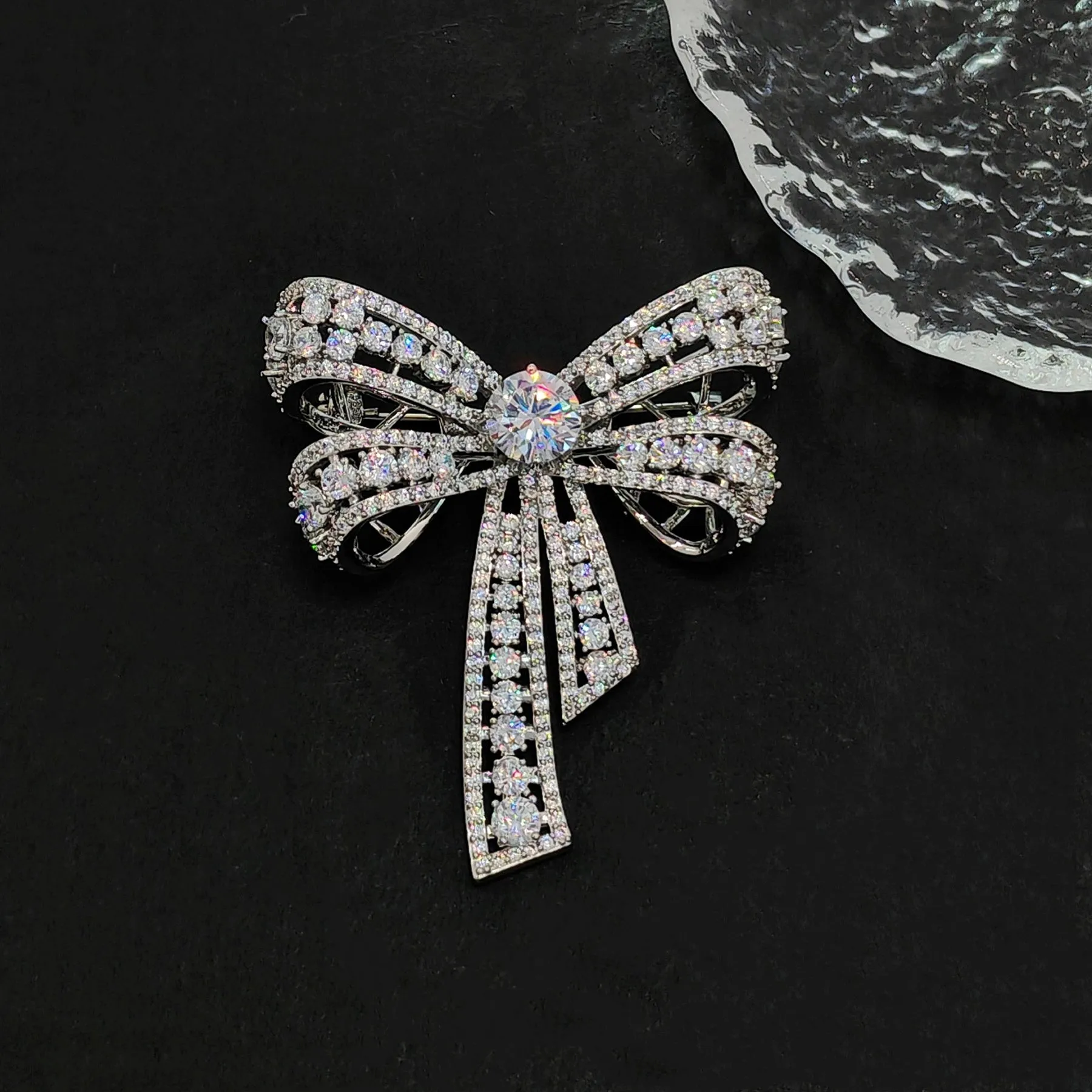 Jewelblings Victorian Vintage Silvertone Open Round Stone Domed 4-prong Studded Clear CZ Bow Brooch Bowtie Pins Chic European Bridal Jewelry