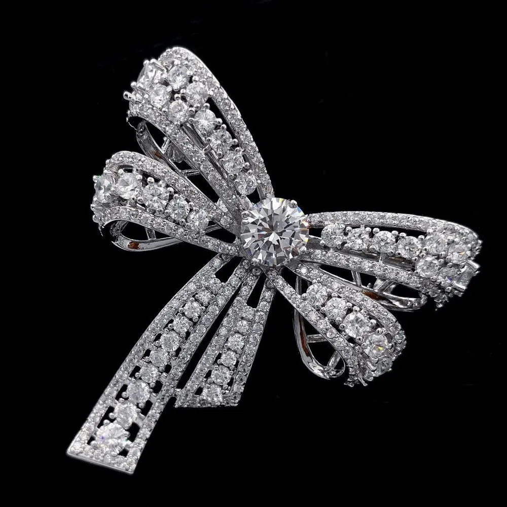 Jewelblings Victorian Vintage Silvertone Open Round Stone Domed 4-prong Studded Clear CZ Bow Brooch Bowtie Pins Chic European Bridal Jewelry