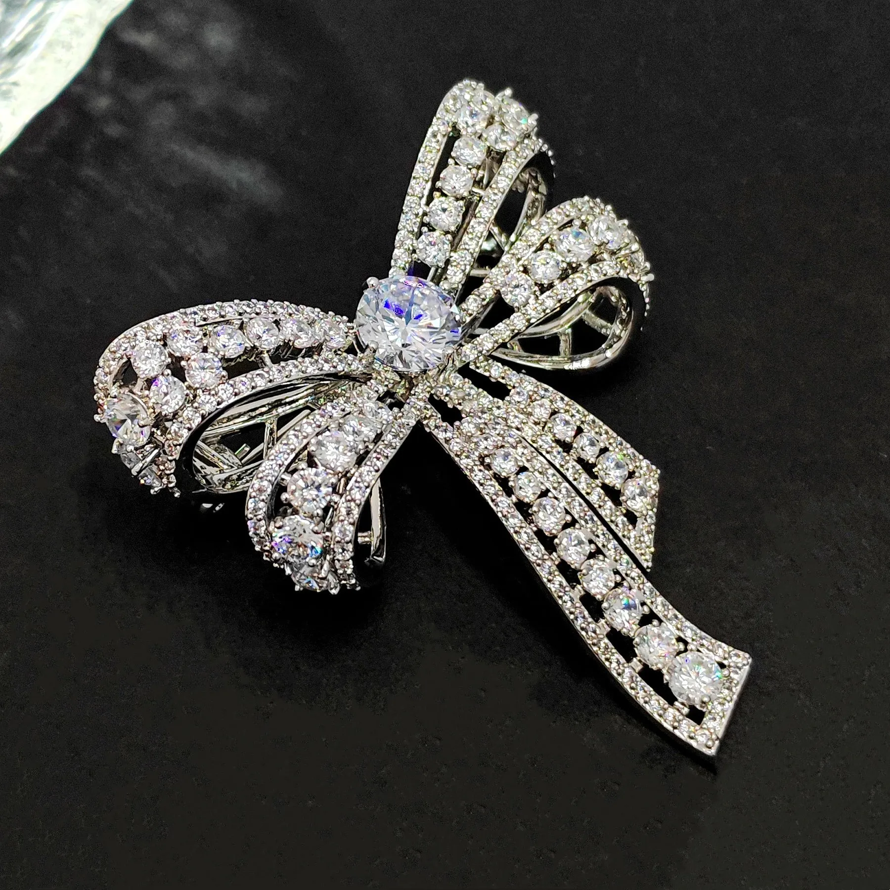 Jewelblings Victorian Vintage Silvertone Open Round Stone Domed 4-prong Studded Clear CZ Bow Brooch Bowtie Pins Chic European Bridal Jewelry