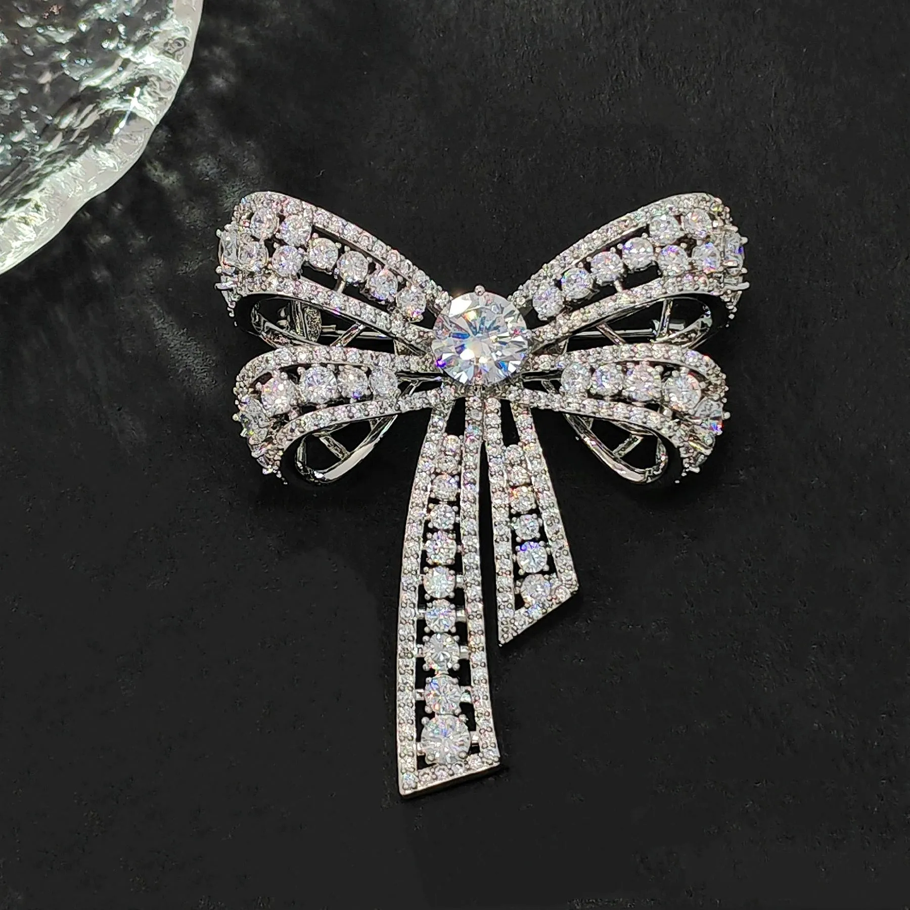 Jewelblings Victorian Vintage Silvertone Open Round Stone Domed 4-prong Studded Clear CZ Bow Brooch Bowtie Pins Chic European Bridal Jewelry