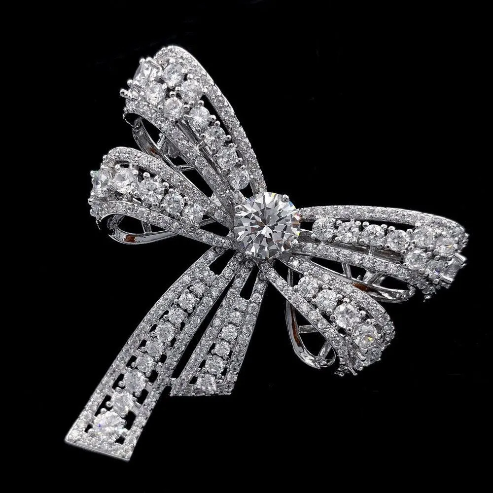 Jewelblings Victorian Vintage Silvertone Open Round Stone Domed 4-prong Studded Clear CZ Bow Brooch Bowtie Pins Chic European Bridal Jewelry