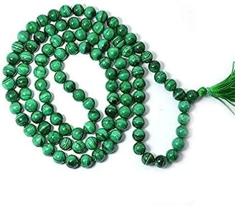 Kashish Gems & Jewels Natural AAA Malachite 108 Mala Necklace Malachite Mala 108 Prayer Beaded Mala Necklace Hand Knotted Mala Bracelet Japan Mala 8 mm Beads Meditation Tassel Buddhist Mala