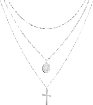 Layered Choker Necklaces Gold Silver Color Stainless Steel Dainty Cross Virgin Mary Pendant 3 Layer Chain Necklaces For Women-K19