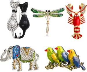 Leadigol Animal Brooch Pins Set,5pcs Rhinestone Animal Pins and Brooches for Women/Men,Lobster,Dragonfly,Cat,Elephant,Birds Brooch Lapel Pins