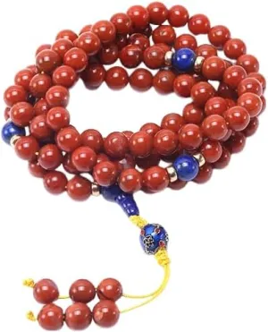 Liang Shan Red Agate Buddhist Prayer Mala, 8-10mm Beads with Lapis Lazuli, 36 Inches, 93g
