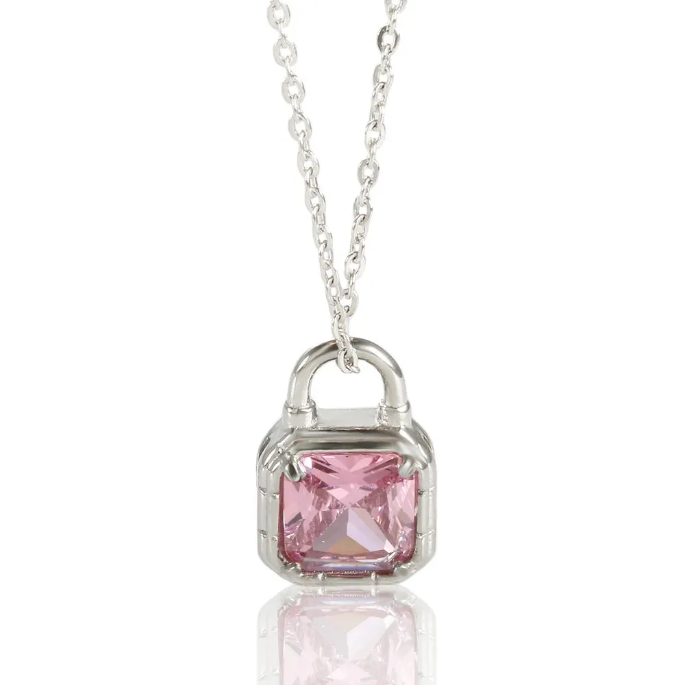 Lock Cylinder Stainless Steel Bling Green Crystal Pendant Necklace