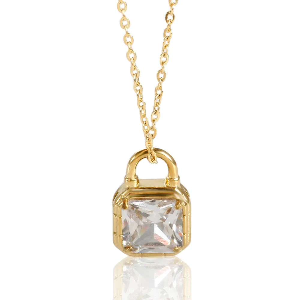 Lock Cylinder Stainless Steel Bling Green Crystal Pendant Necklace