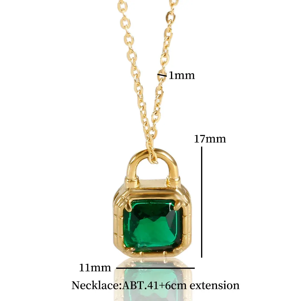 Lock Cylinder Stainless Steel Bling Green Crystal Pendant Necklace