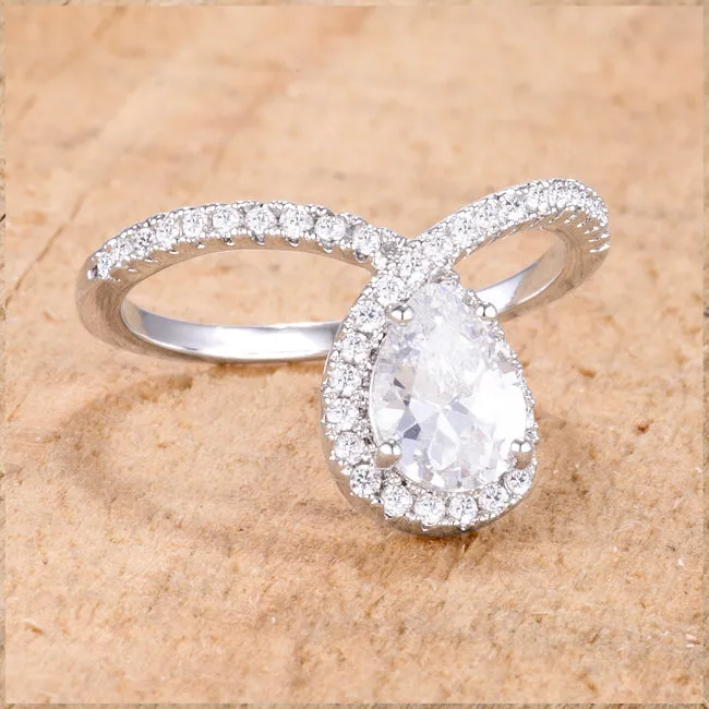 LOVCIA 1.5Ct Rhodium-Finished Chevron Ring with Pear-Shaped and Round Clear CZ