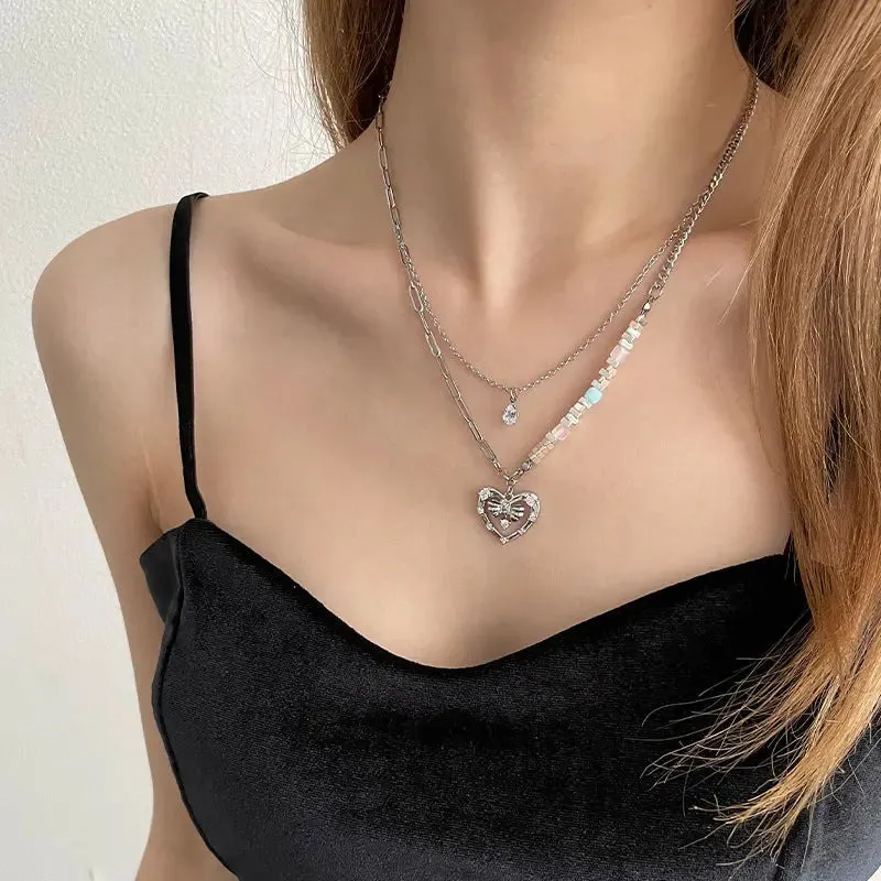 LOVCIA Hollow Heart Style Broken Silver Pendant Necklace for Women
