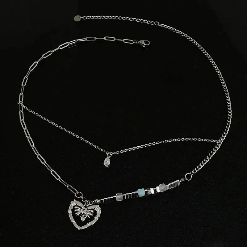 LOVCIA Hollow Heart Style Broken Silver Pendant Necklace for Women