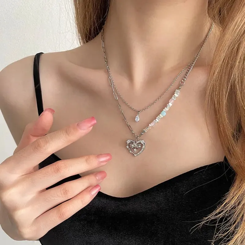 LOVCIA Hollow Heart Style Broken Silver Pendant Necklace for Women