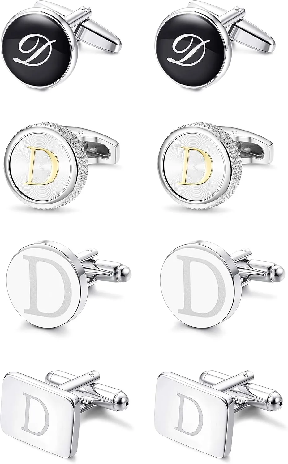 LOYALLOOK 4Pairs Initial D Men's Initial Letter Shirts Cufflinks Engraved Shirt Cufflink Alphabet Set Fashion Dazzle Tuxedo Cufflinks Business Wedding Father's DayGift