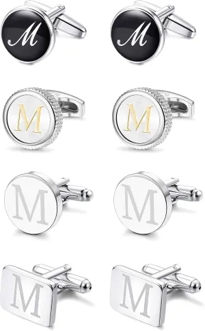 LOYALLOOK 4Pairs Men's Initial M Letter Shirts Cufflinks Engraved Shirt Cufflink Alphabet Set Fashion Dazzle Tuxedo Cufflinks Business Wedding Father's DayGift