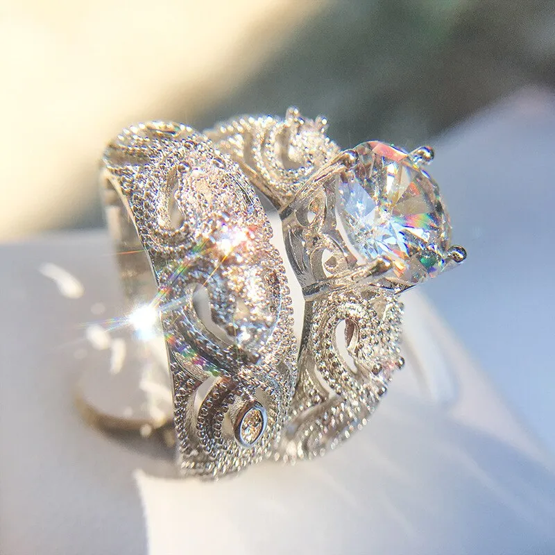 Luxurious White AAA Zircon 925 Sterling Silver Promise Engagement Ring