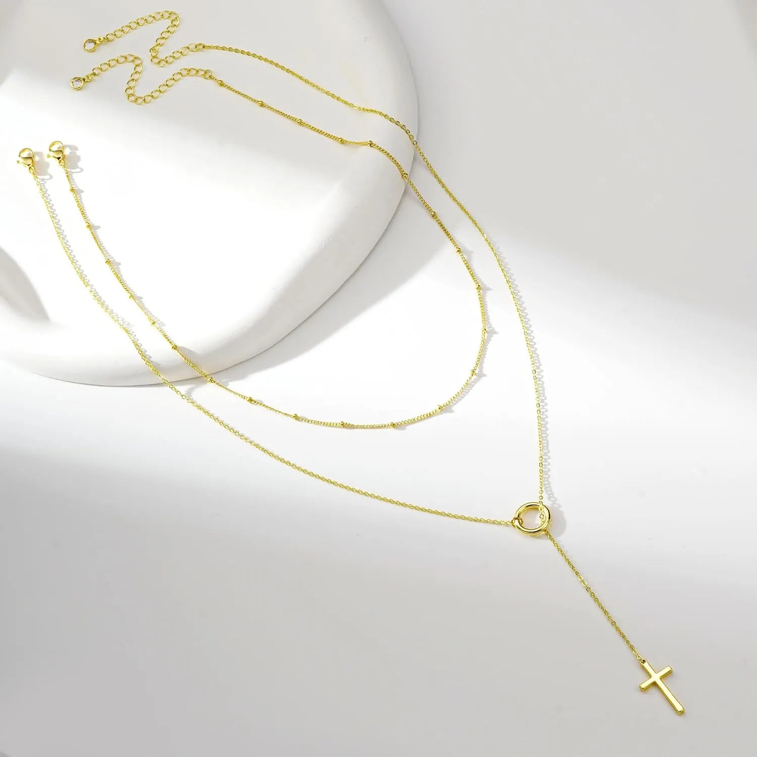 M MOOHAM Gold Lariat Cross Necklace for Women, Dainty 14k Real Gold Plated Long Y-Shaped Necklace Layered Cross Pendant Necklace Drop Necklaces Simple Religious Christian Baptism Faith Jewelry Gifts