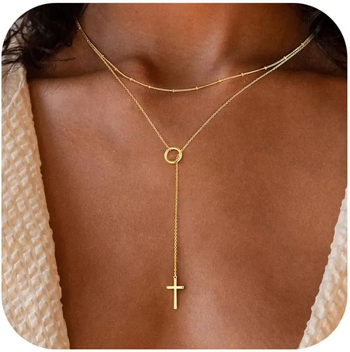 M MOOHAM Gold Lariat Cross Necklace for Women, Dainty 14k Real Gold Plated Long Y-Shaped Necklace Layered Cross Pendant Necklace Drop Necklaces Simple Religious Christian Baptism Faith Jewelry Gifts