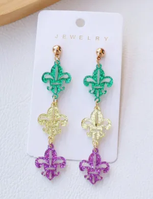 MARDI GRAS HOLLOW DROP FLEUR DE LIS EARRINGS