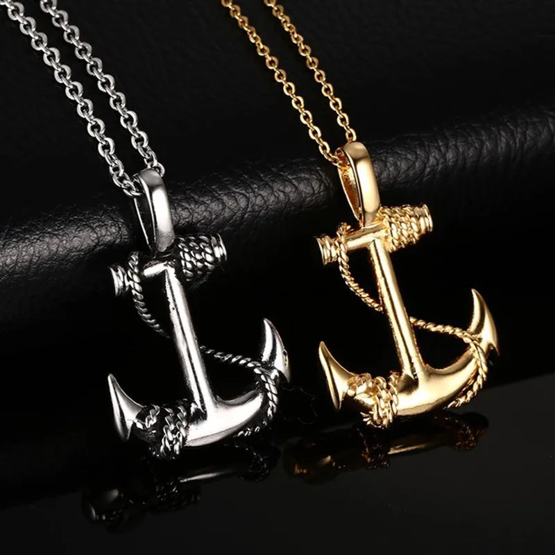 Men Stainless Steel Necklace 18K Gold Plated Titanium Anchor Pendant Jewelry 50mm Length Steel Chain Necklace Gift for Boyfriend