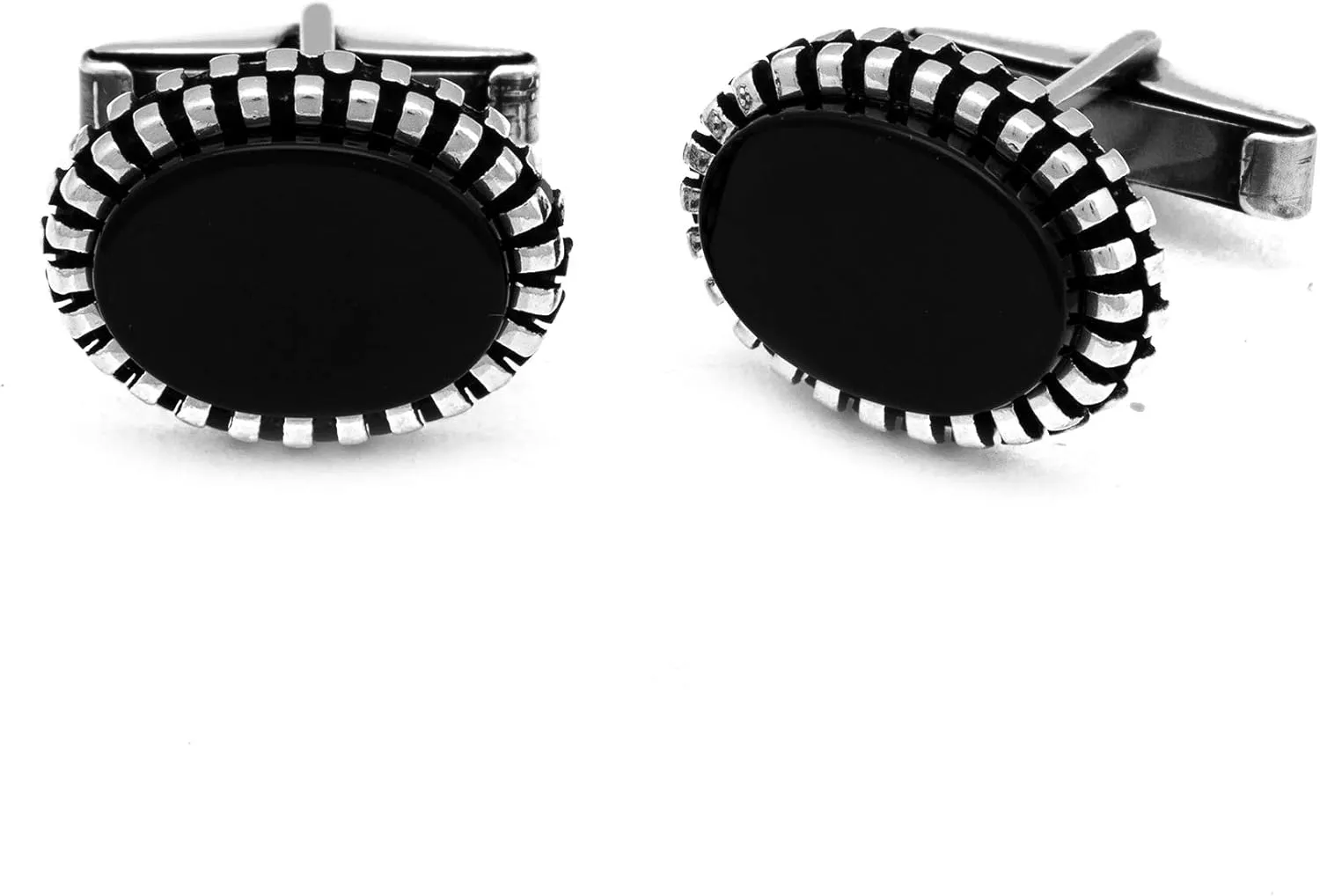 Men's Classics Style Pure Sterling Silver Cufflinks with Oval Shape Onyx Gemstone
