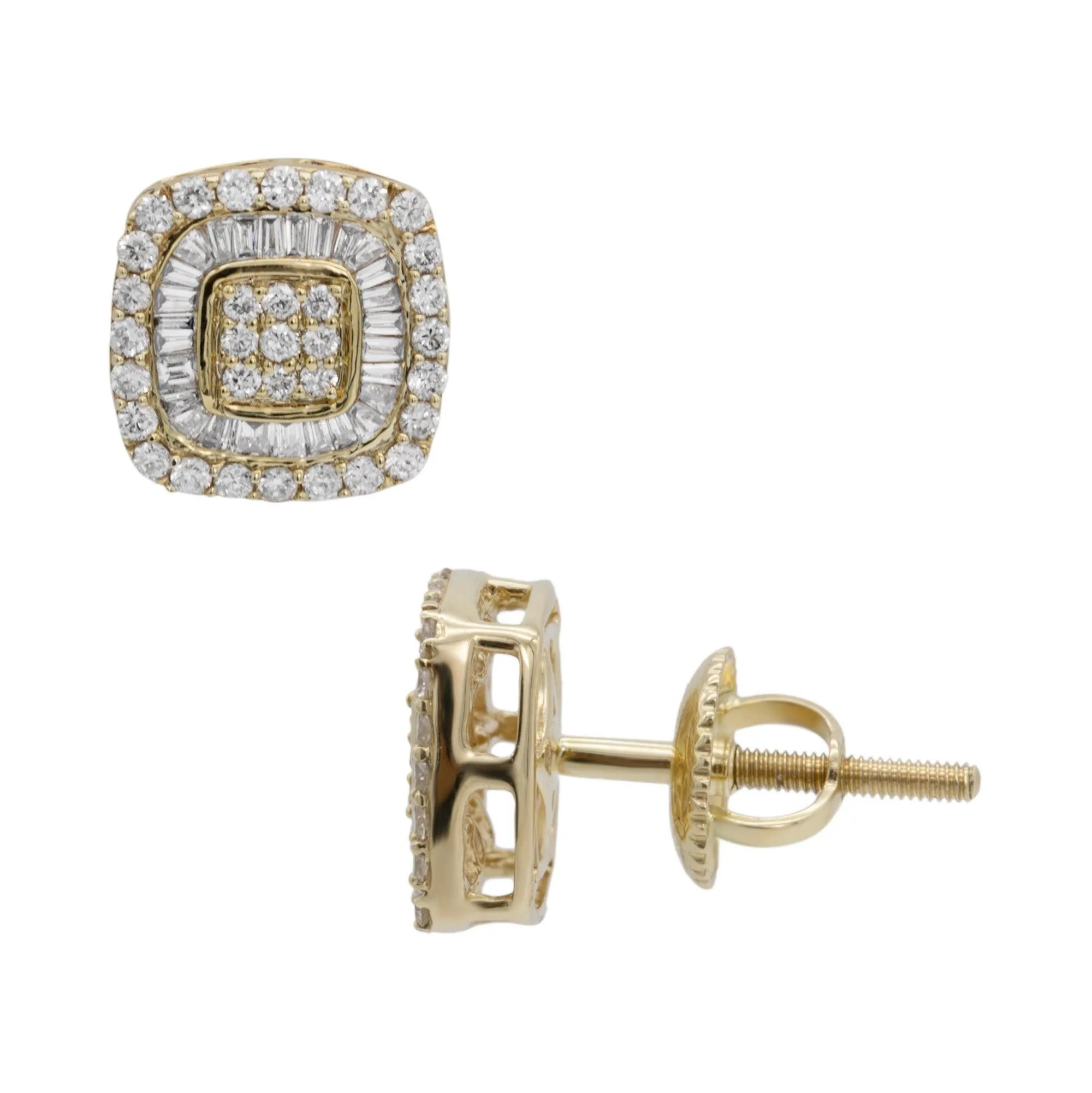 Men's Double Halo Baguette Cluster Diamond Stud Earrings 0.69ct 10K Yellow Gold