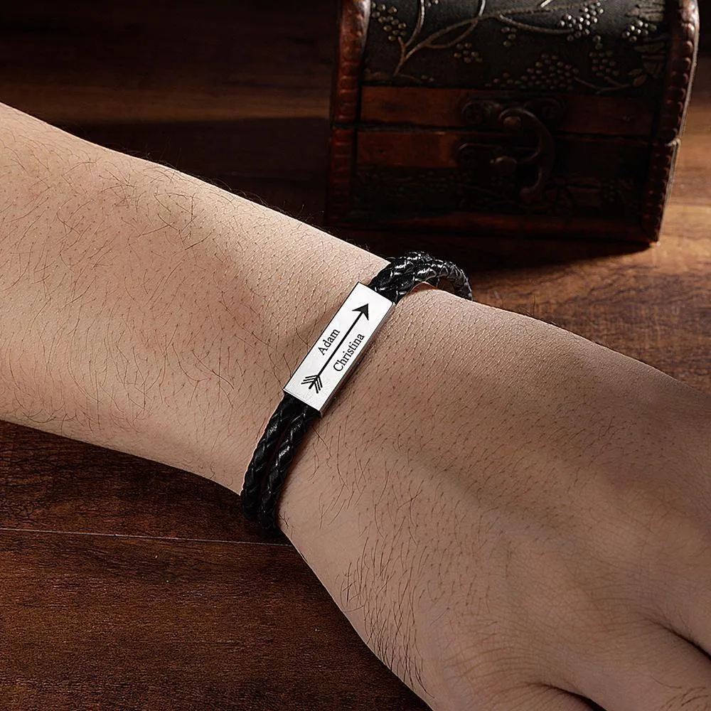 Men's Engraved Name Bracelet Custom Cable Leather Wrap Bracelet Gift For Him
