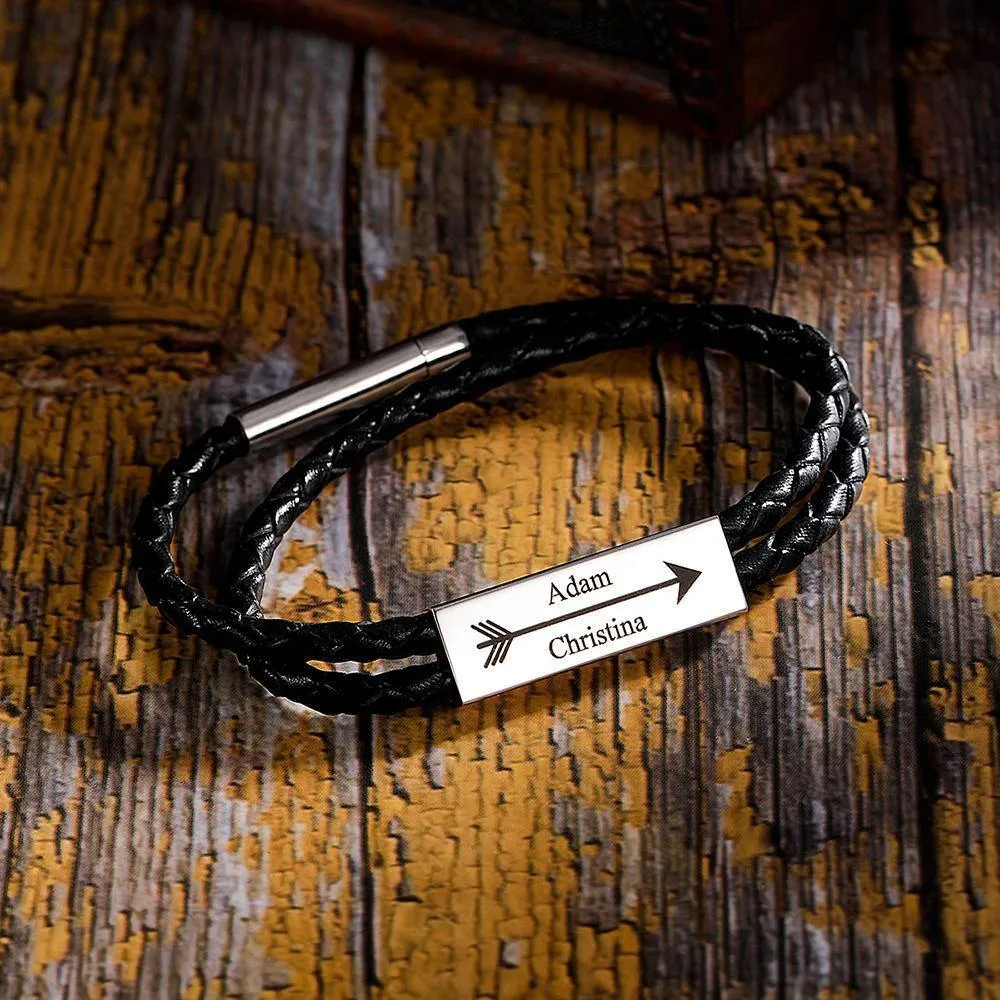 Men's Engraved Name Bracelet Custom Cable Leather Wrap Bracelet Gift For Him