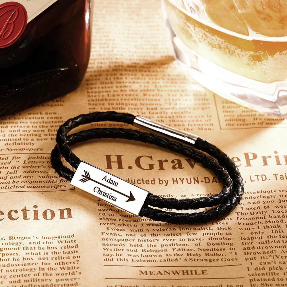 Men's Engraved Name Bracelet Custom Cable Leather Wrap Bracelet Gift For Him