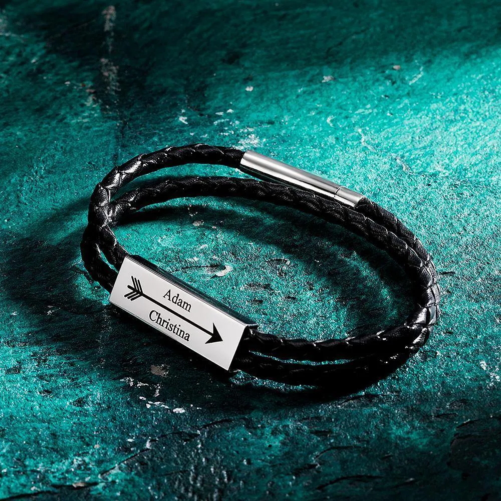 Men's Engraved Name Bracelet Custom Cable Leather Wrap Bracelet Gift For Him