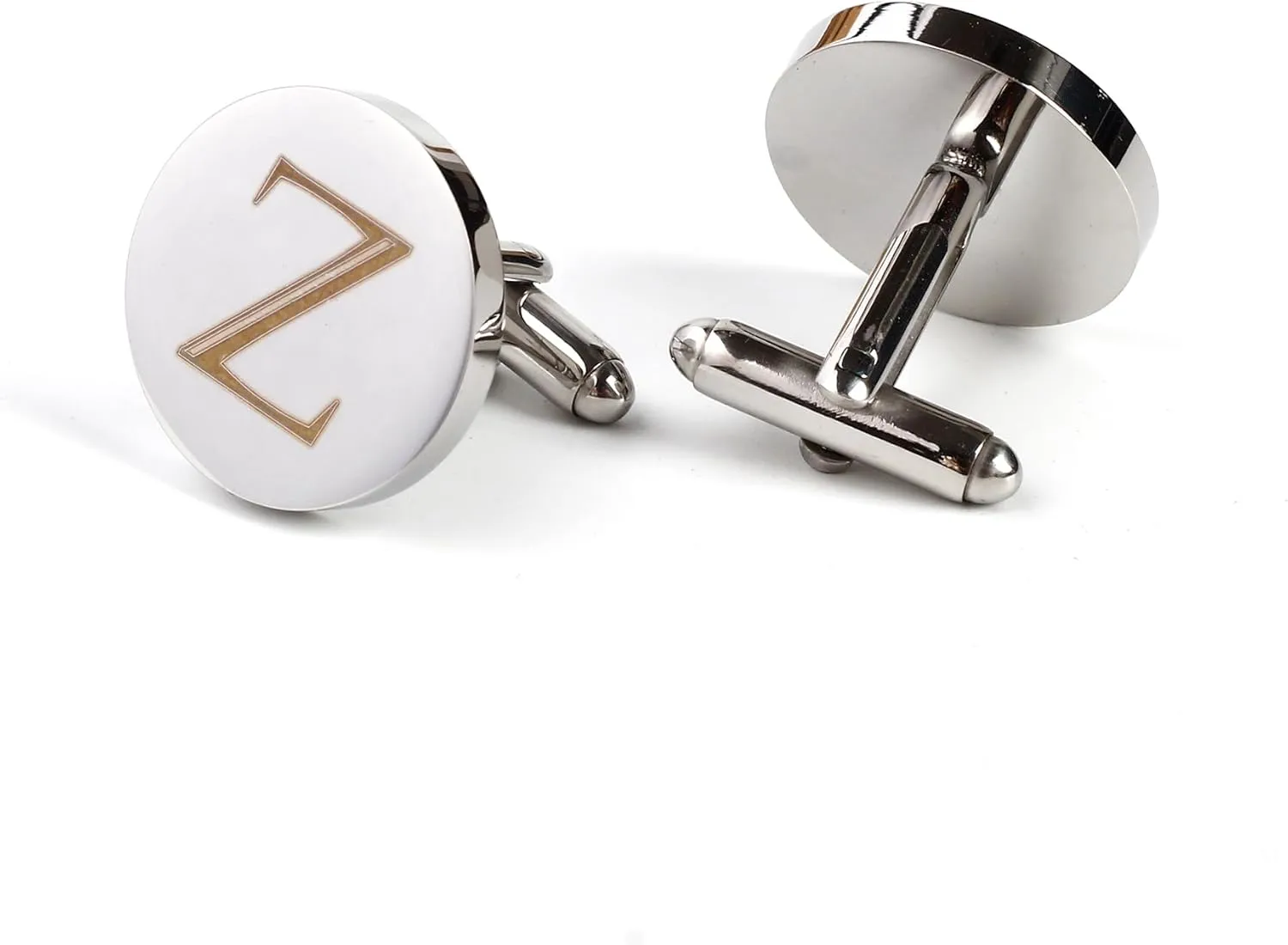 Mens Initial Silver Cufflinks A-Z Alphabet Letter Steel Cuff Links with Engraved Walnut Wood Box Groom Groomsman Wedding Set