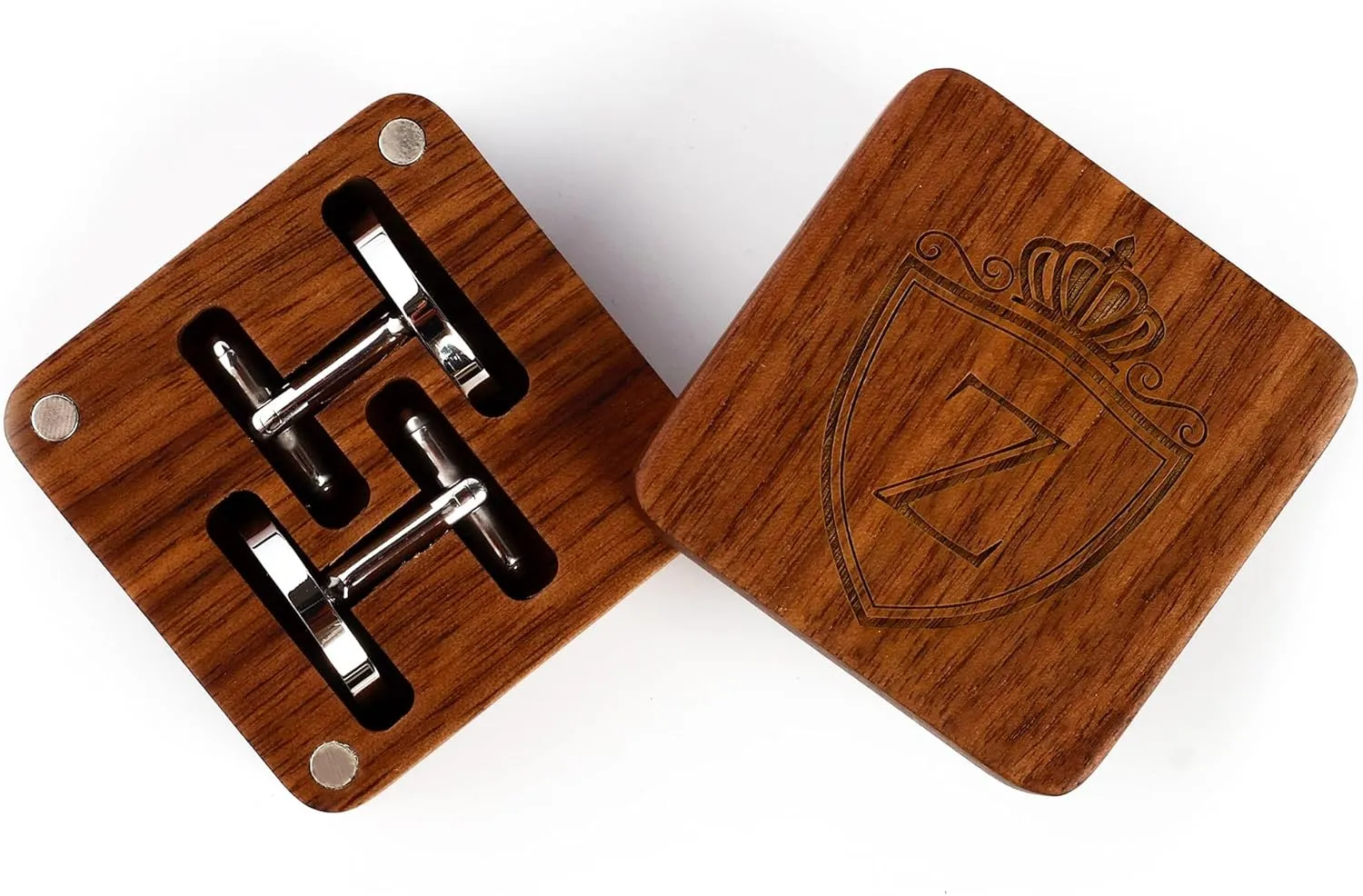 Mens Initial Silver Cufflinks A-Z Alphabet Letter Steel Cuff Links with Engraved Walnut Wood Box Groom Groomsman Wedding Set