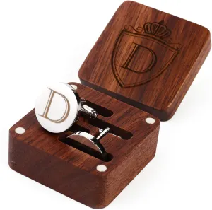 Mens Initial Silver Cufflinks A-Z Alphabet Letter Steel Cuff Links with Engraved Walnut Wood Box Groom Groomsman Wedding Set