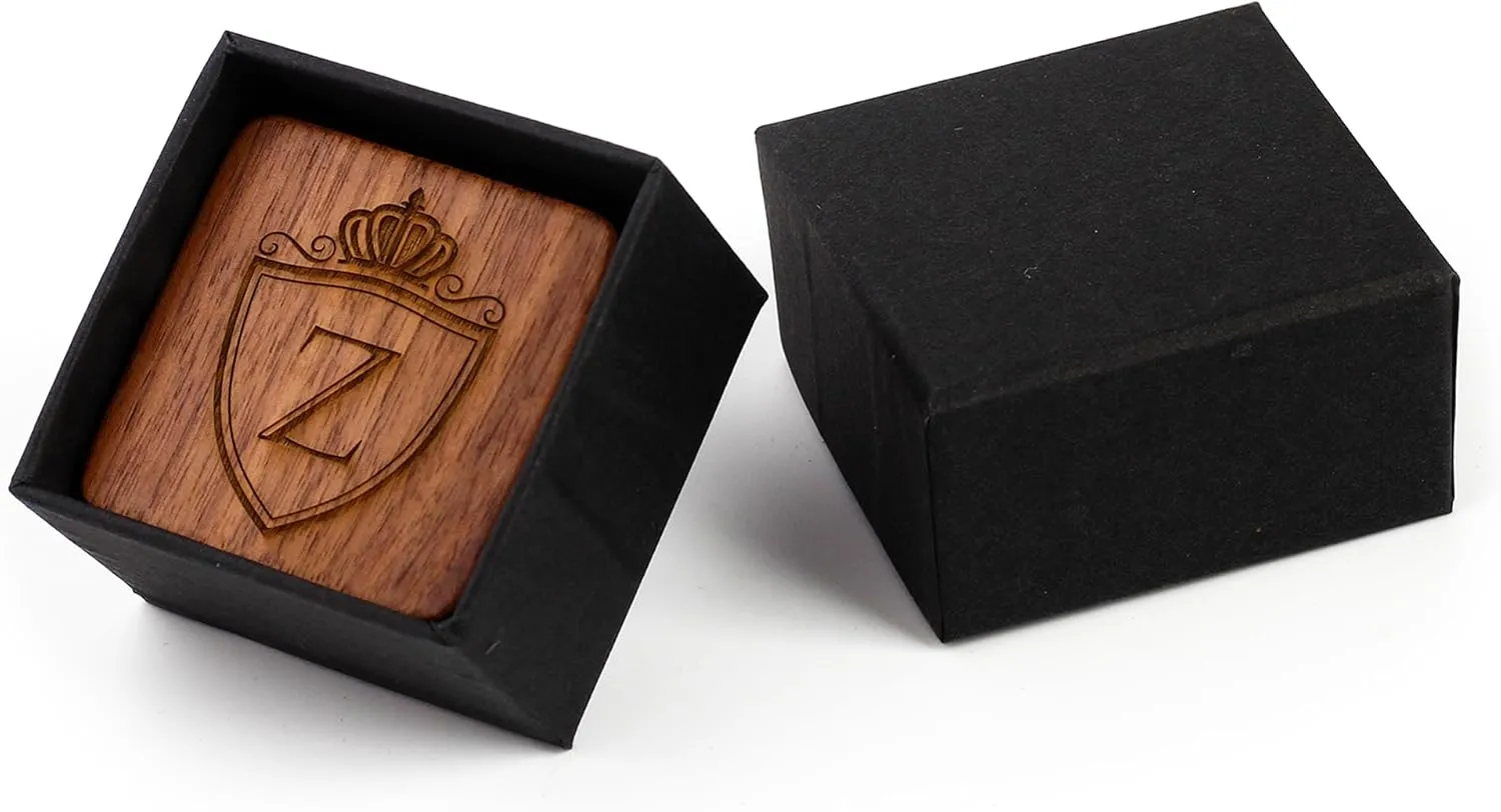 Mens Initial Silver Cufflinks A-Z Alphabet Letter Steel Cuff Links with Engraved Walnut Wood Box Groom Groomsman Wedding Set
