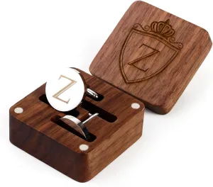 Mens Initial Silver Cufflinks A-Z Alphabet Letter Steel Cuff Links with Engraved Walnut Wood Box Groom Groomsman Wedding Set
