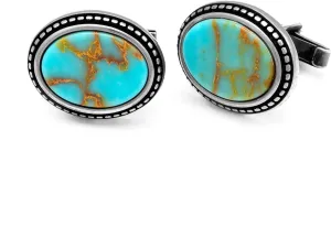 Men's Large Sterling Silver Cufflinks with Oval Shape Antique Turquoise Gemstone