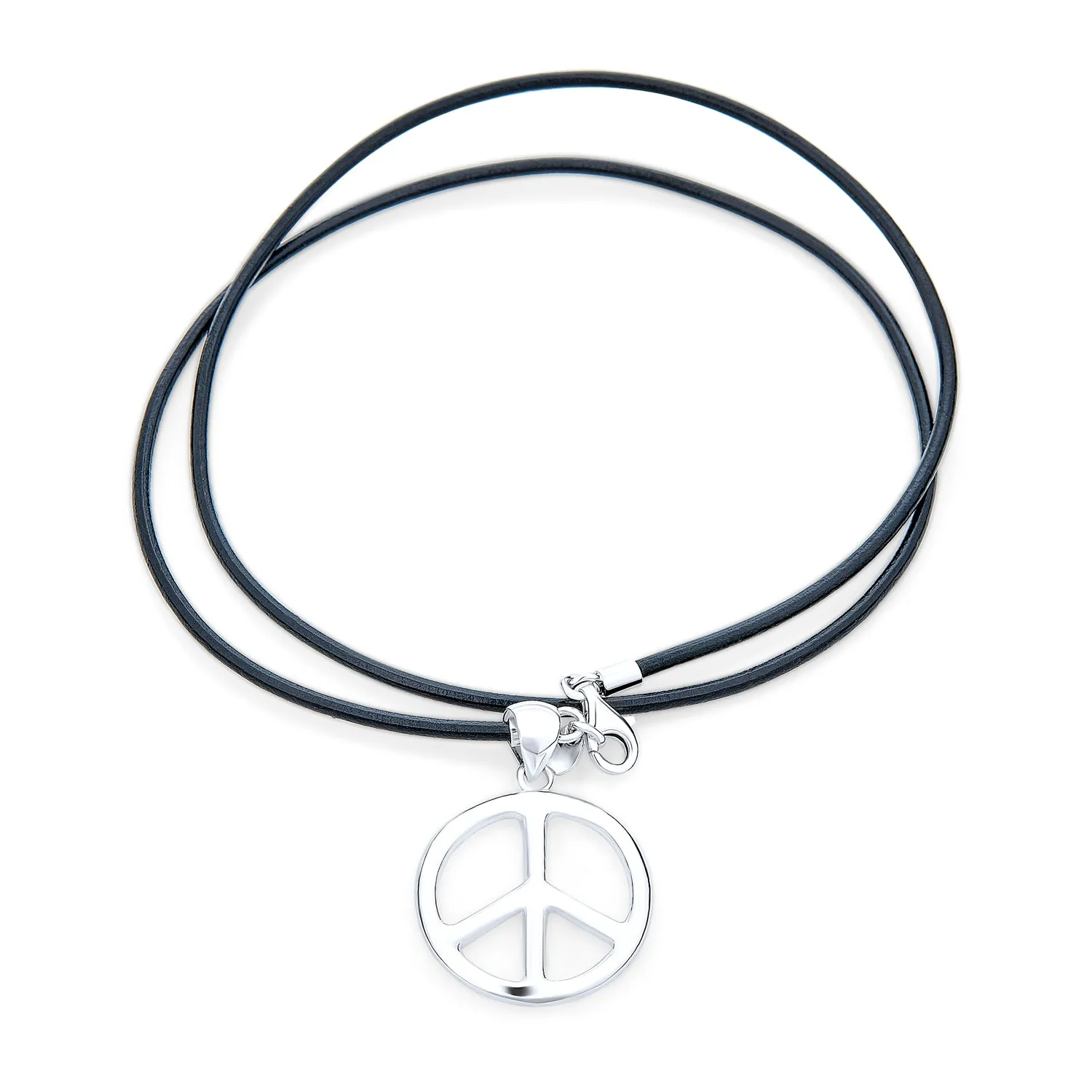 Men's Peace Sign Pendant Necklace Black Leather Cord Sterling Silver 18" Polished