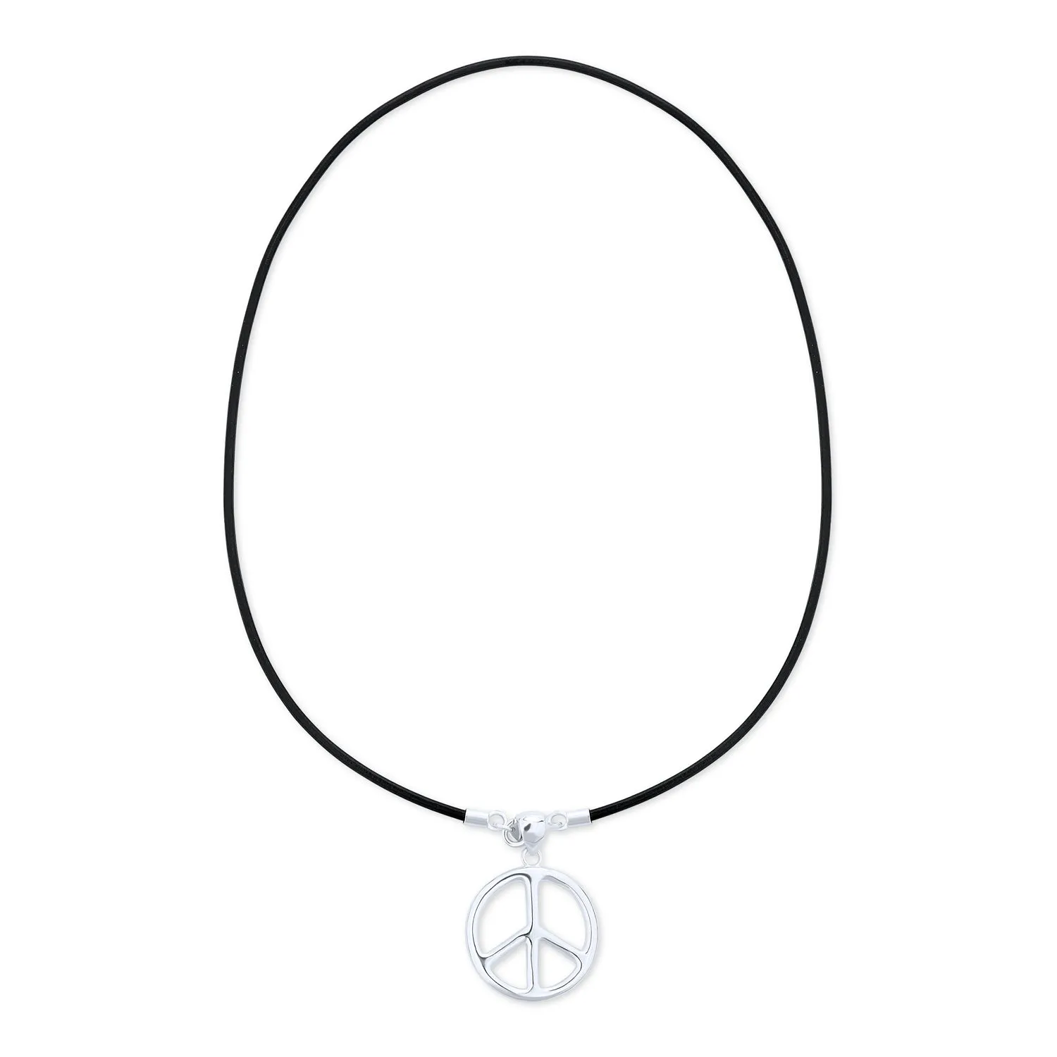 Men's Peace Sign Pendant Necklace Black Leather Cord Sterling Silver 18" Polished