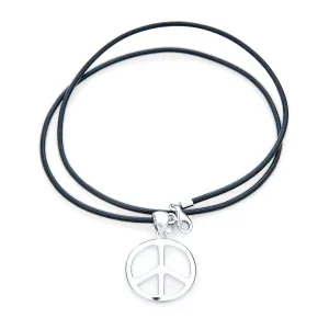 Men's Peace Sign Pendant Necklace Black Leather Cord Sterling Silver 18" Polished