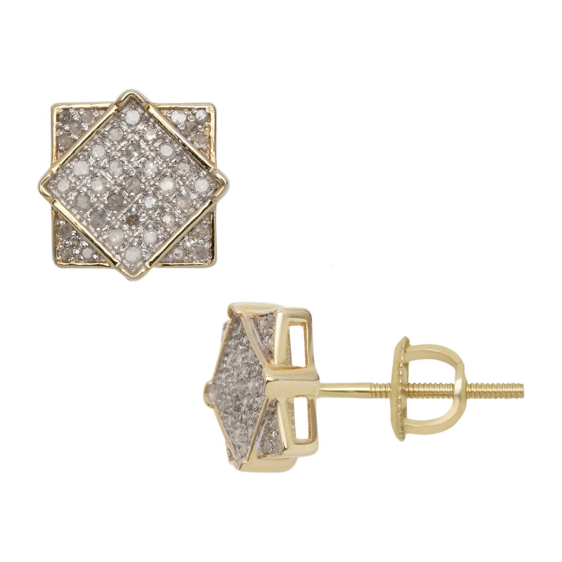 Men's Square Frame Design Micro-Pavé Diamond Stud Earrings 0.33ct 10K Yellow Gold