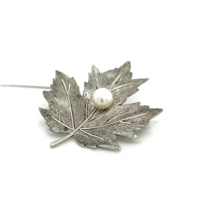 Mikimoto Estate Akoya Pearl Leaf Brooch Pin Sterling Silver 6.65 mm M297