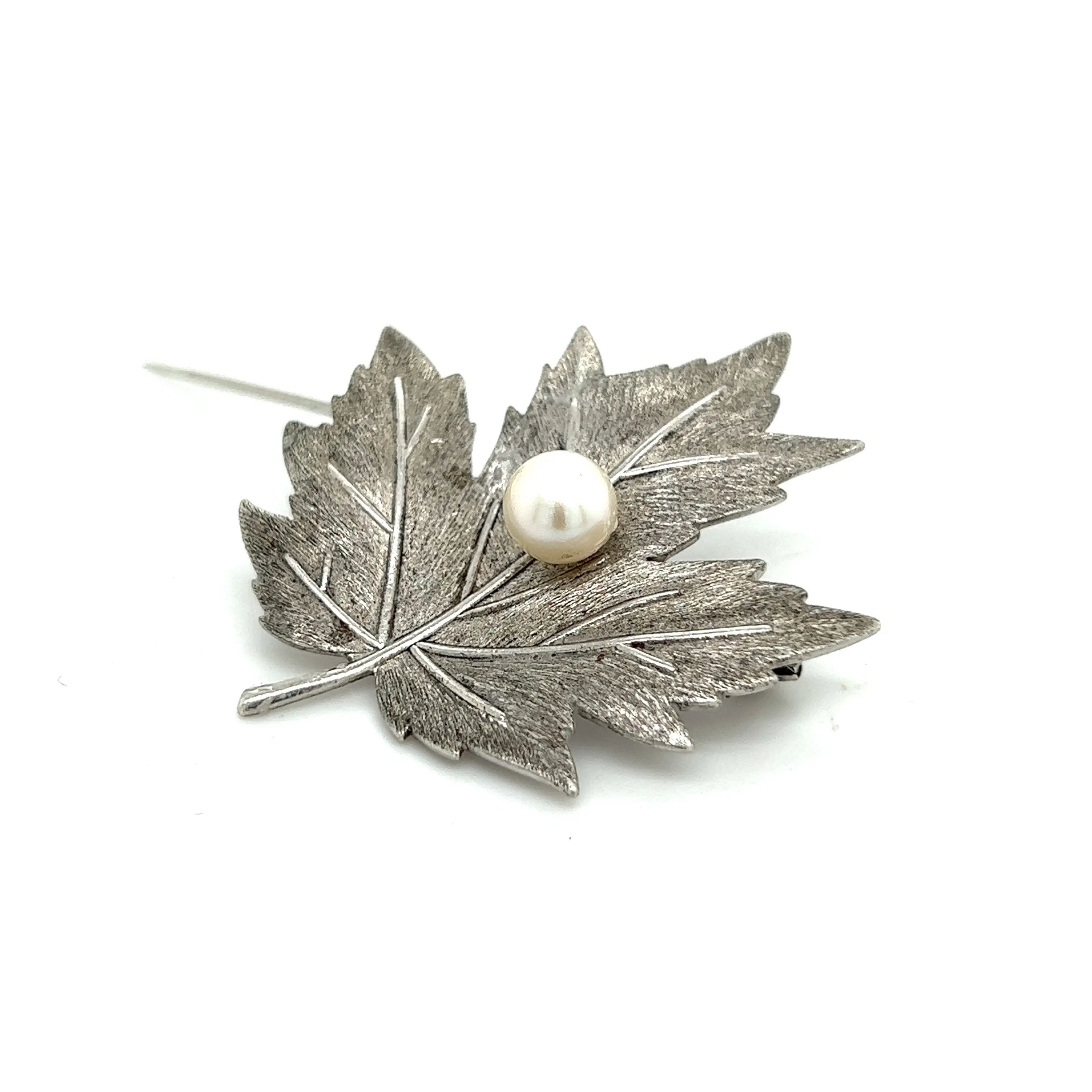 Mikimoto Estate Akoya Pearl Leaf Brooch Pin Sterling Silver 6.65 mm M297
