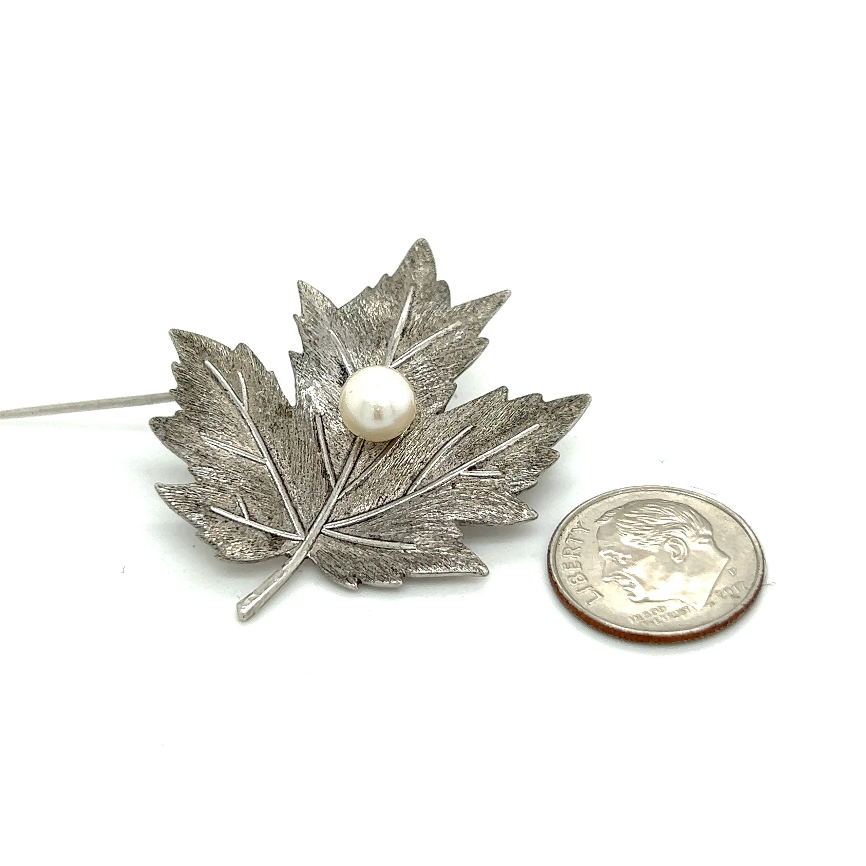 Mikimoto Estate Akoya Pearl Leaf Brooch Pin Sterling Silver 6.65 mm M297