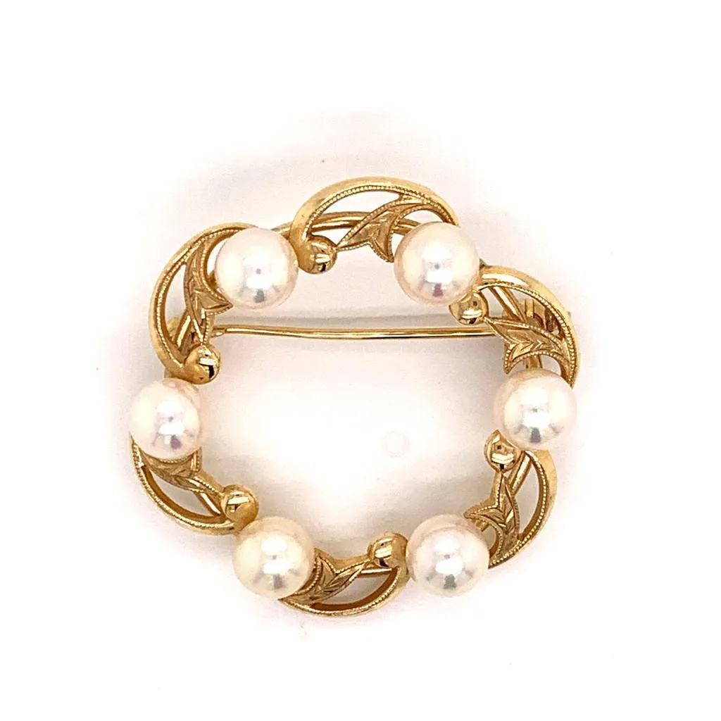 Mikimoto Estate Brooch Pin With Pearls 14k Gold 7.83 Grams 6.07 mm M129