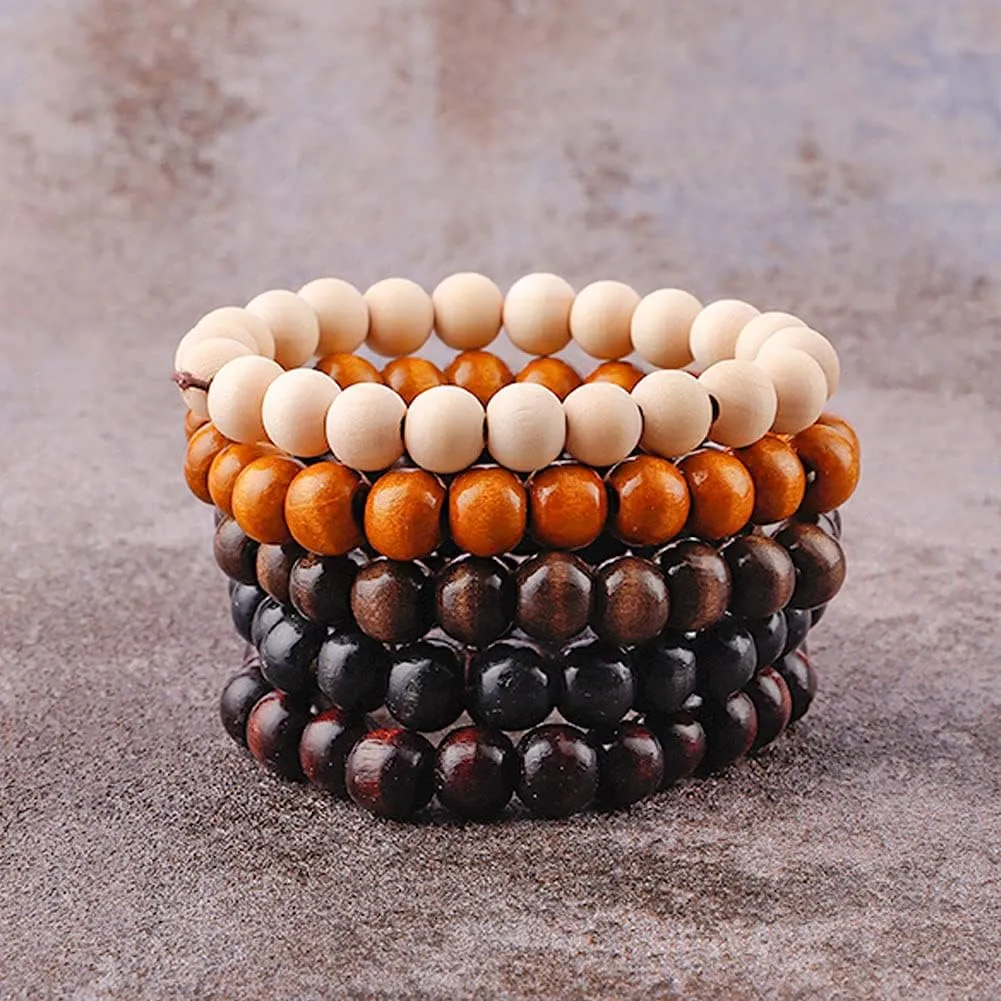 MILAKOO 5 Pcs Wooden Beaded Bracelet Bangle for Men and Women Elastic