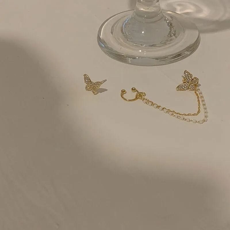 Mini Butterfly Chain Earrings | Rhinestone Butterfly Threader Earrings | Shiny Butterfly Stud | Korean Earrings | Butterfly Ear Cuff Earring
