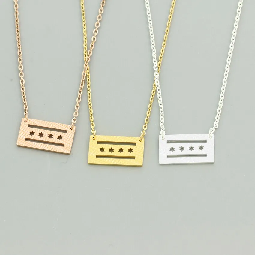 Minimalistic Chicago Flag Pendant Necklace Tattoo